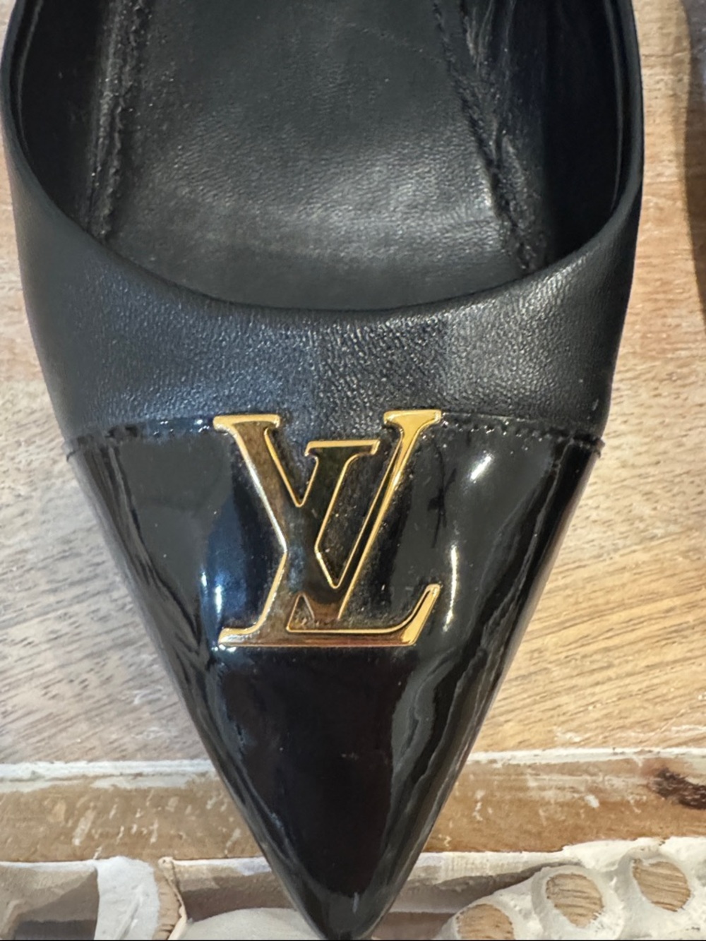 Louis Vuitton Black Leather Pointed Toe Flats with Gold LV Emblem - Picture 3 of 7
